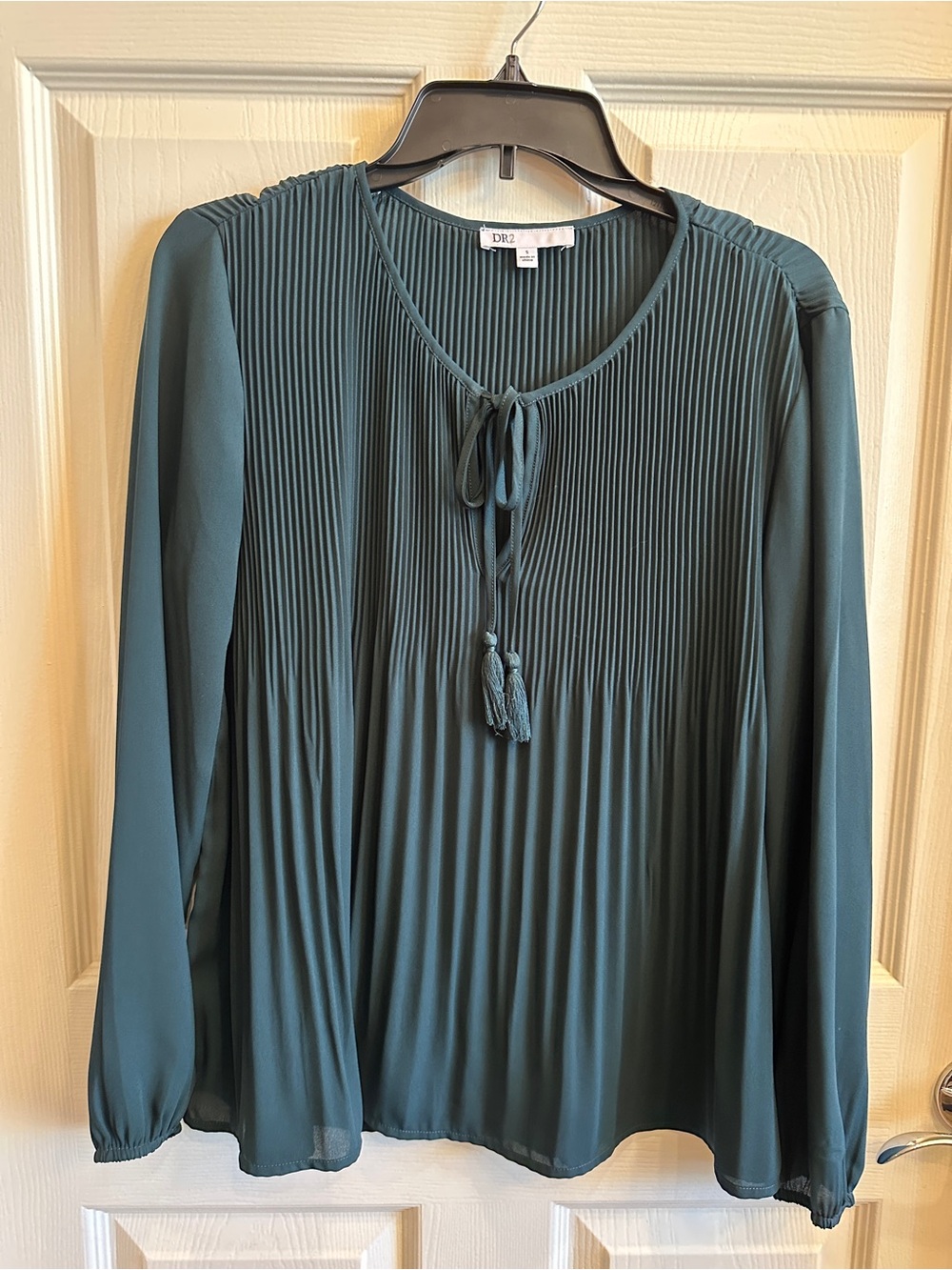 DR2 Teal Pleated Long-Sleeve Tie-Neck Blouse